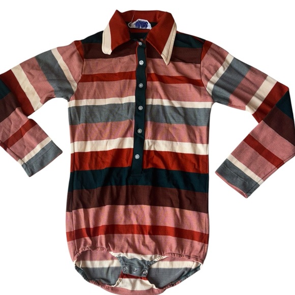 Vintage 1970s Nylon Stripe Wide Lapel Body Suit - Picture 1 of 3